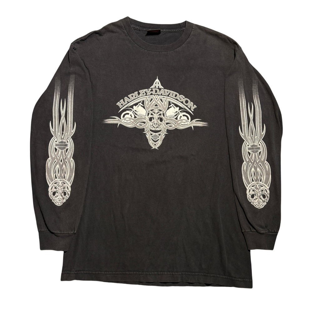Vintage Harley Davidson USA Made Tribal Skull Long Sleeve Shirt Black
